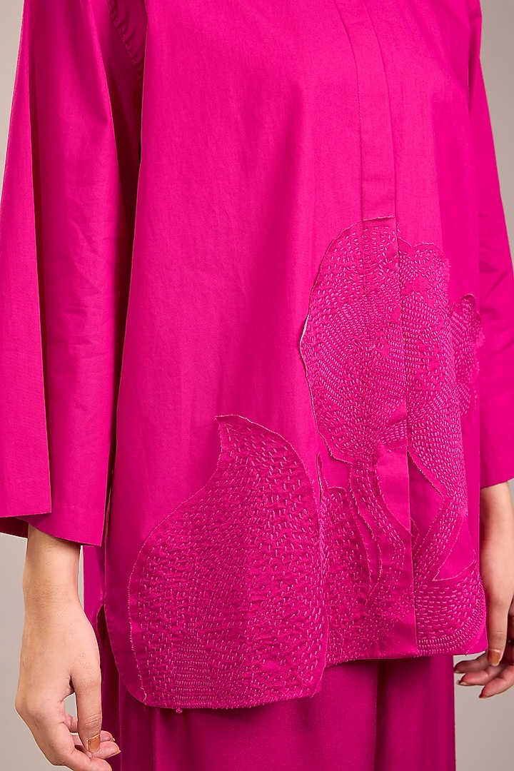 Fuchsia Cotton Poplin Kantha Embroidered Shirt by Divyam Mehta at Pernia's Pop Up Shop