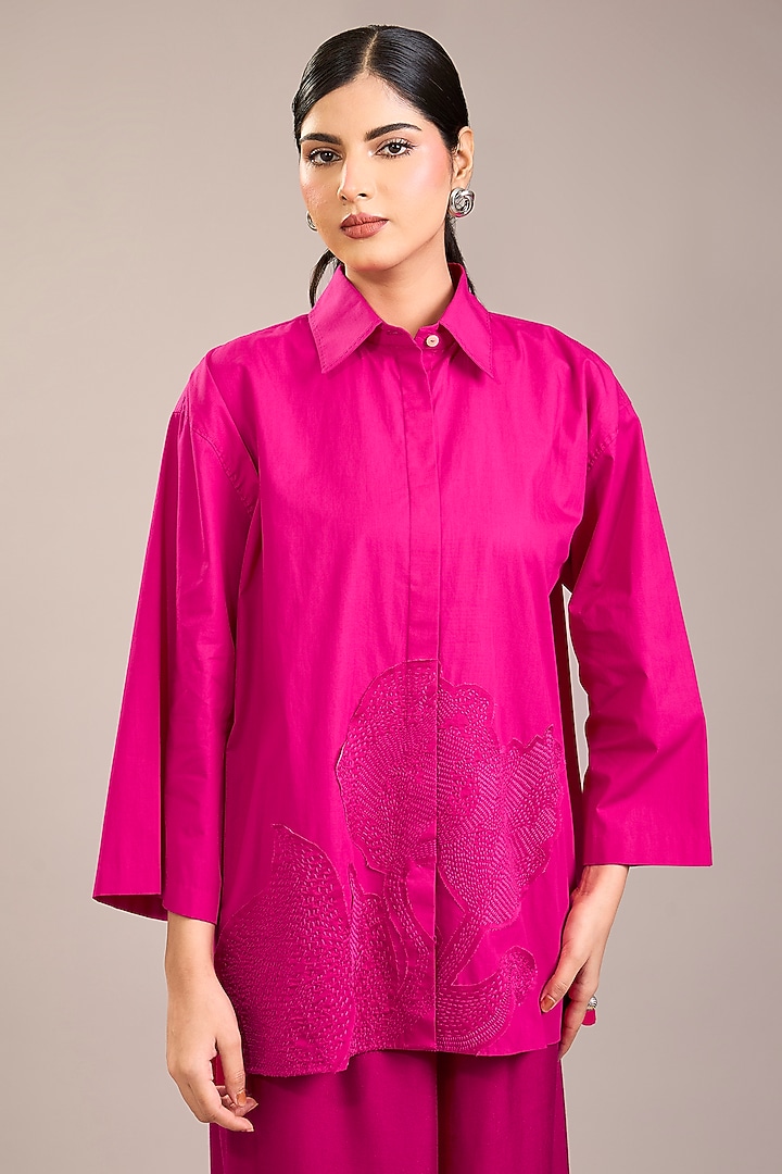 Fuchsia Cotton Poplin Kantha Embroidered Shirt by Divyam Mehta at Pernia's Pop Up Shop