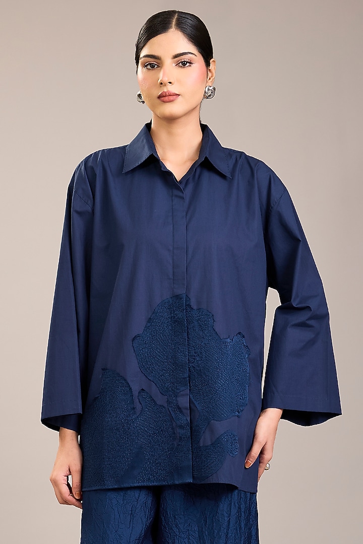 Indigo Cotton Poplin Kantha Embroidered Shirt by Divyam Mehta at Pernia's Pop Up Shop