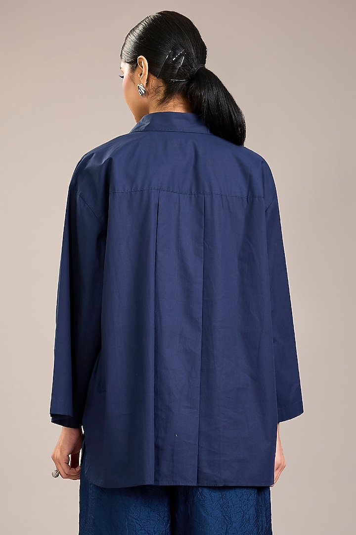 Indigo Cotton Poplin Kantha Embroidered Shirt by Divyam Mehta at Pernia's Pop Up Shop