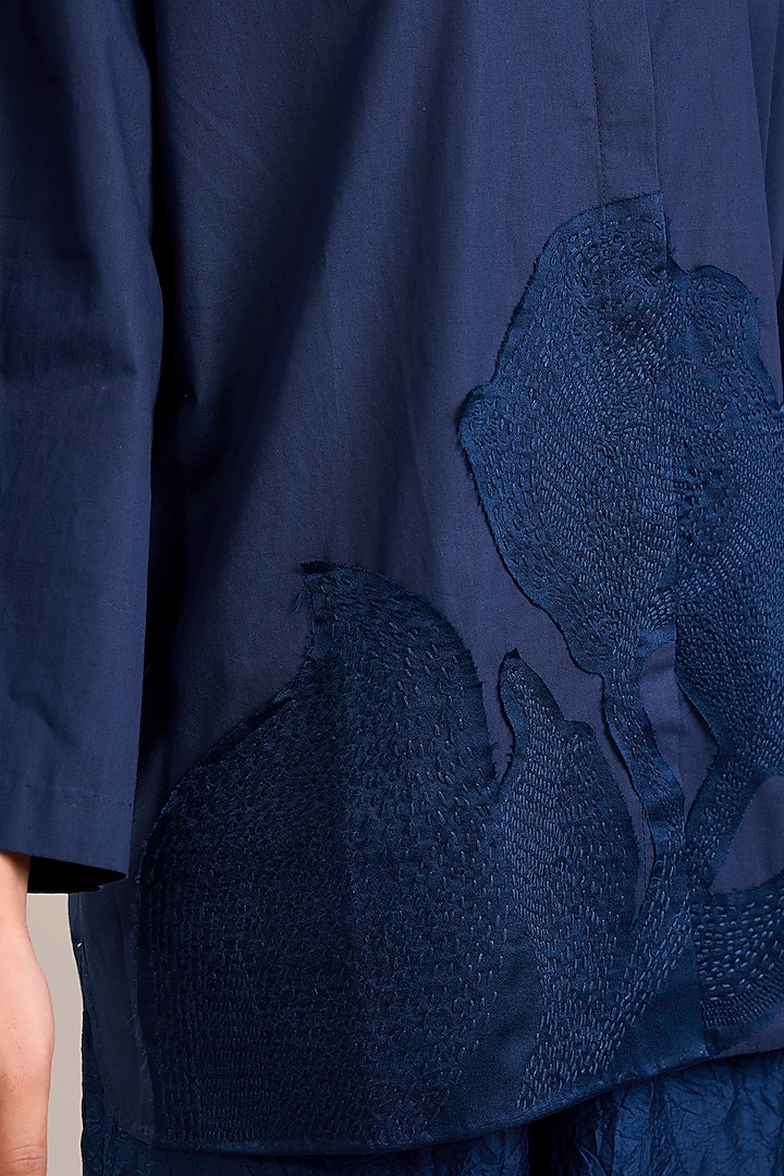 Indigo Cotton Poplin Kantha Embroidered Shirt by Divyam Mehta at Pernia's Pop Up Shop