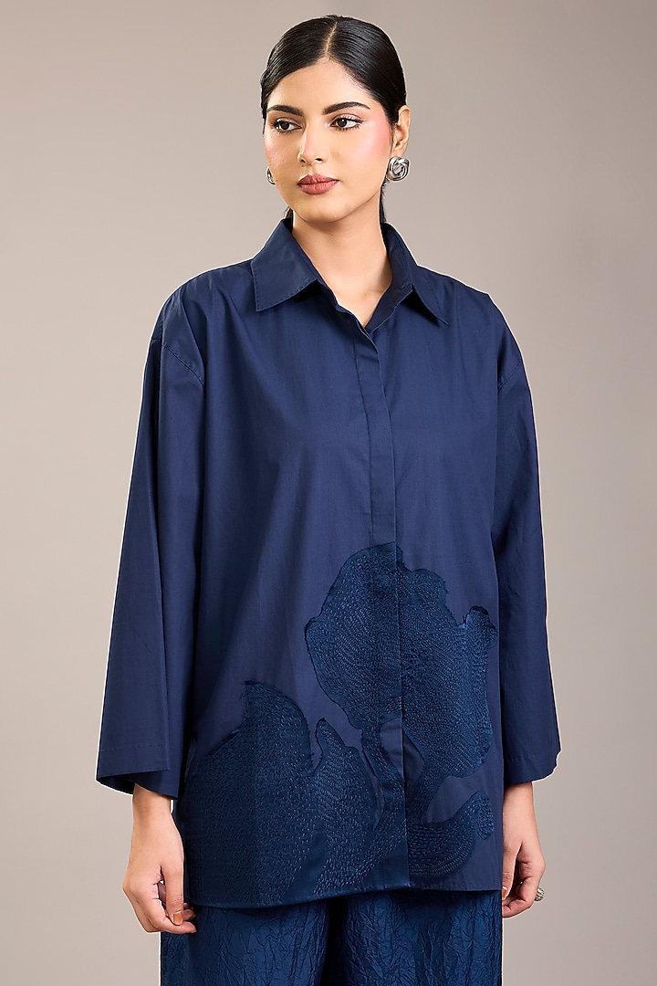 Indigo Cotton Poplin Kantha Embroidered Shirt by Divyam Mehta at Pernia's Pop Up Shop