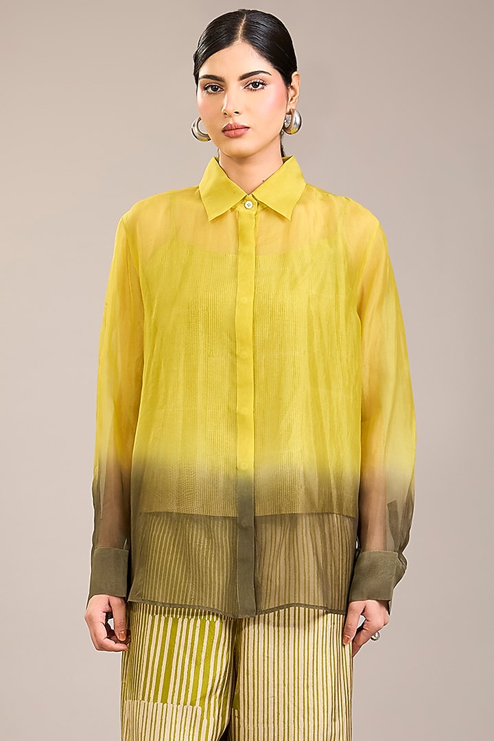 Yellow Silk Organza Ombre Shirt by Divyam Mehta at Pernia's Pop Up Shop