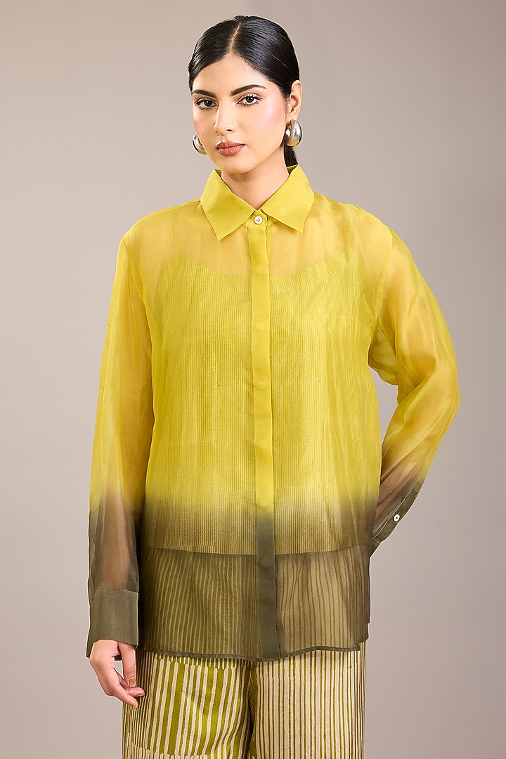 Yellow Silk Organza Ombre Shirt by Divyam Mehta at Pernia's Pop Up Shop