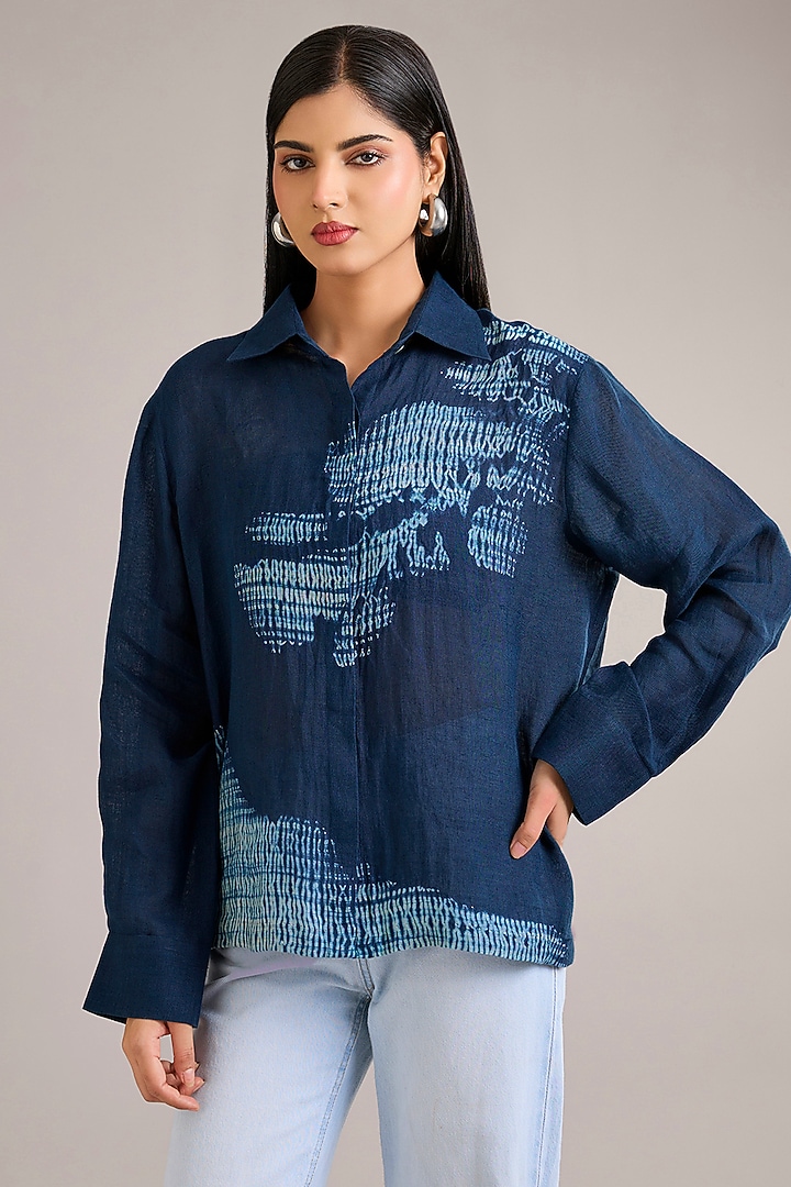 Indigo Blue Linen Shibori Top by Divyam Mehta at Pernia's Pop Up Shop