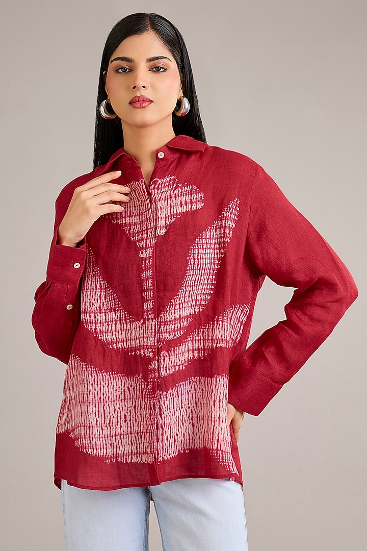 Tomato Red Linen Shibori Top by Divyam Mehta at Pernia's Pop Up Shop