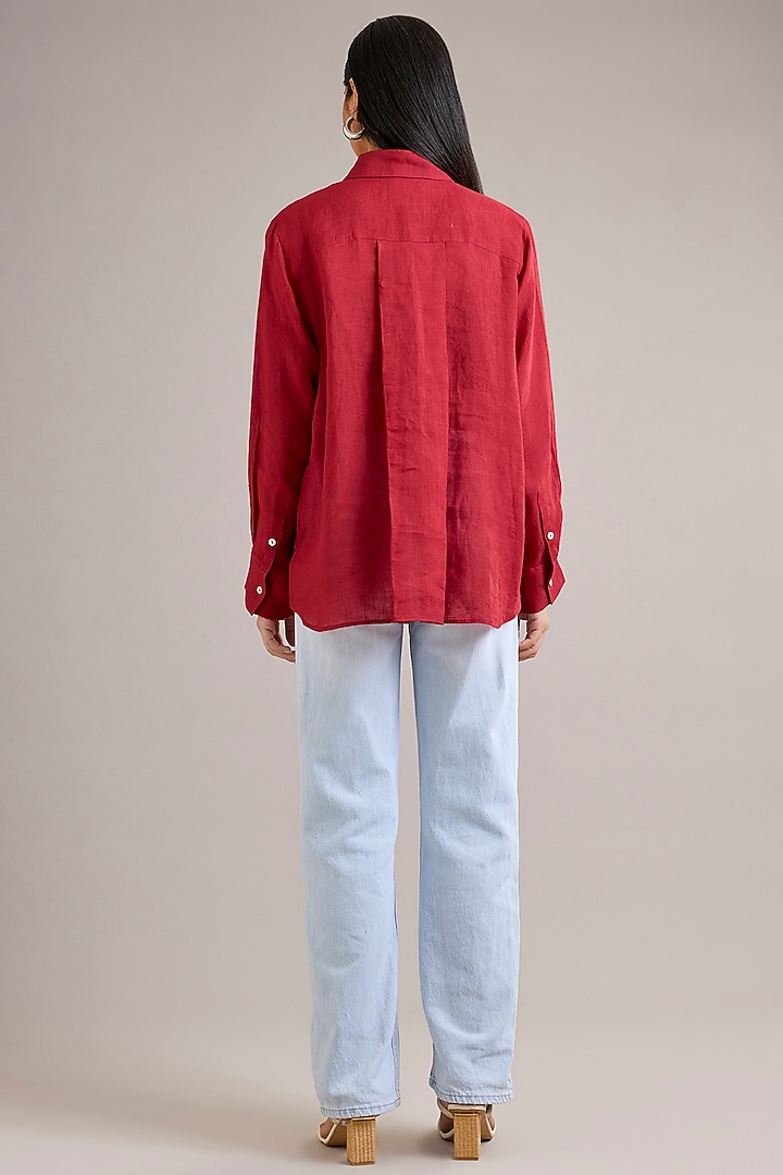 Tomato Red Linen Shibori Top by Divyam Mehta at Pernia's Pop Up Shop