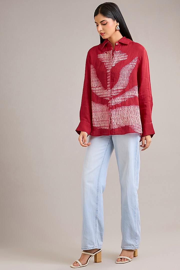 Tomato Red Linen Shibori Top by Divyam Mehta at Pernia's Pop Up Shop