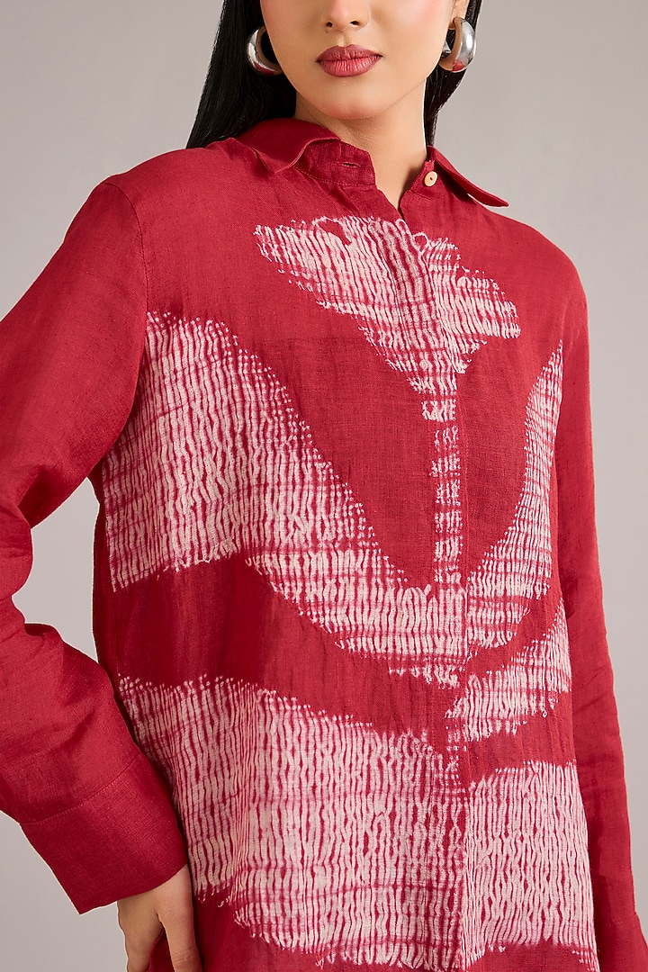 Tomato Red Linen Shibori Top by Divyam Mehta at Pernia's Pop Up Shop
