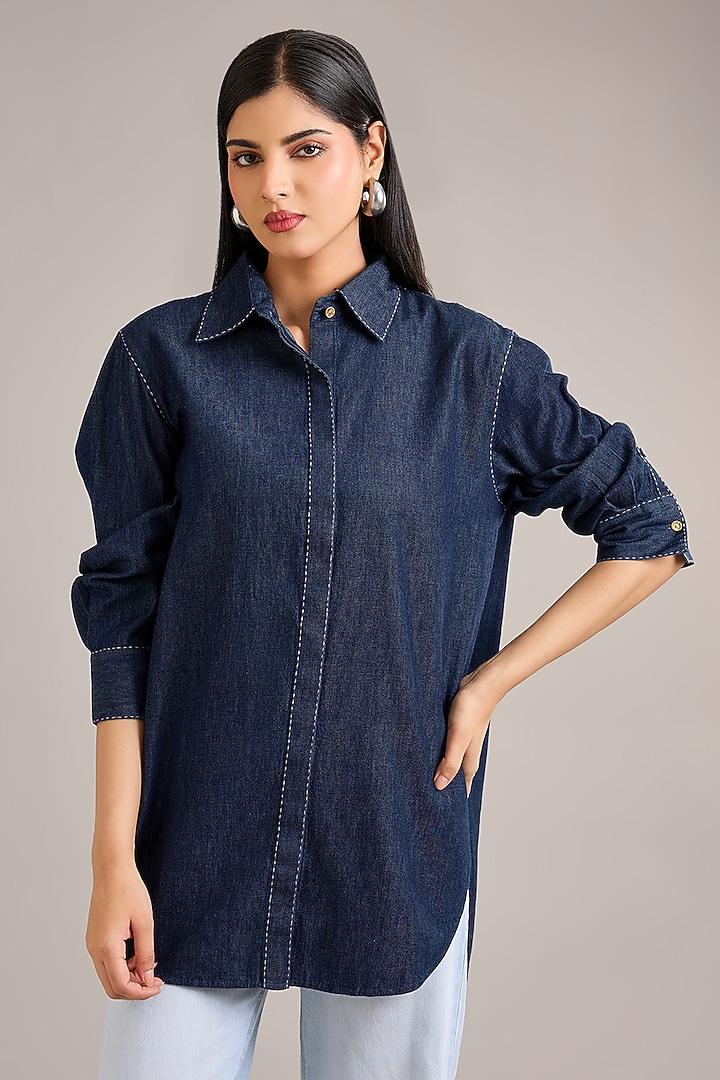 Indigo Denim Patchwork Shirt by Divyam Mehta at Pernia's Pop Up Shop