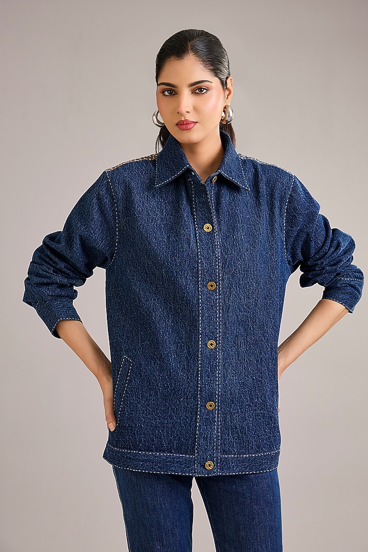 Indigo Denim Patchwork Jacket by Divyam Mehta at Pernia's Pop Up Shop