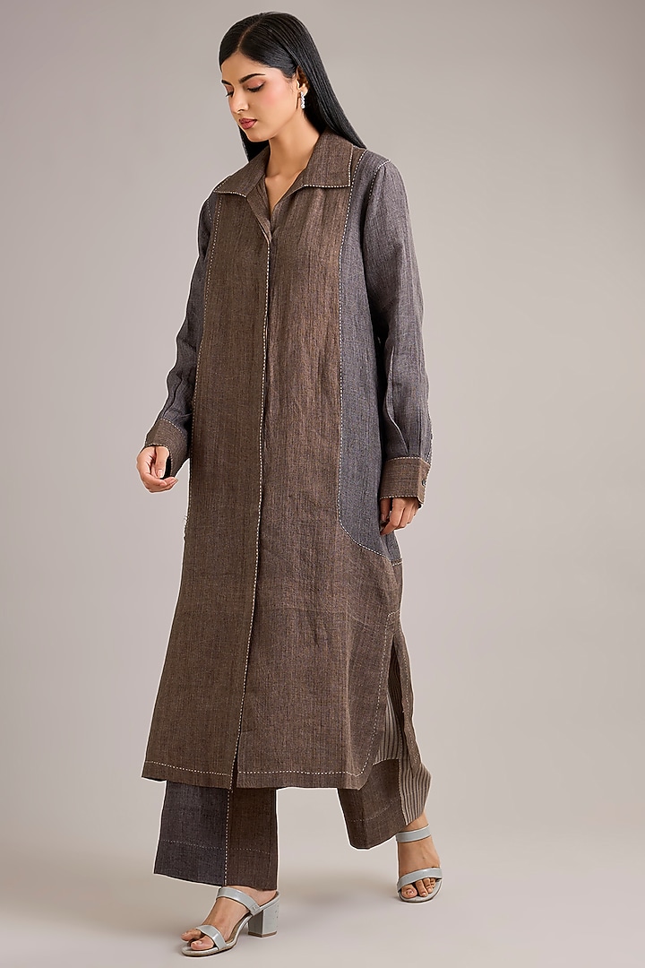 Grey Linen Color-Blocked Tunic Set by Divyam Mehta at Pernia's Pop Up Shop