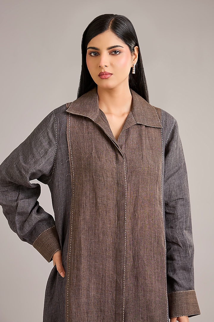 Grey Linen Color-Blocked Tunic Set by Divyam Mehta at Pernia's Pop Up Shop