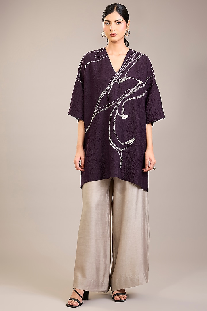 Purple Crushed Mulberry Silk Kantha Embroidered Tunic Set by Divyam Mehta at Pernia's Pop Up Shop
