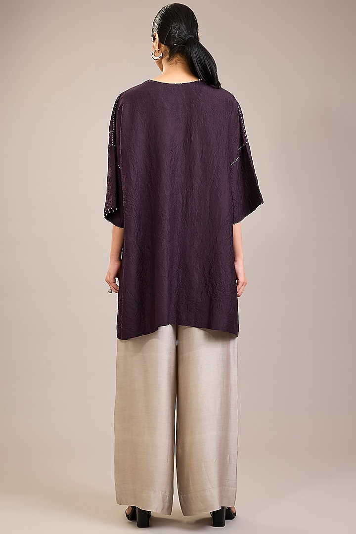 Purple Crushed Mulberry Silk Kantha Embroidered Tunic Set by Divyam Mehta at Pernia's Pop Up Shop