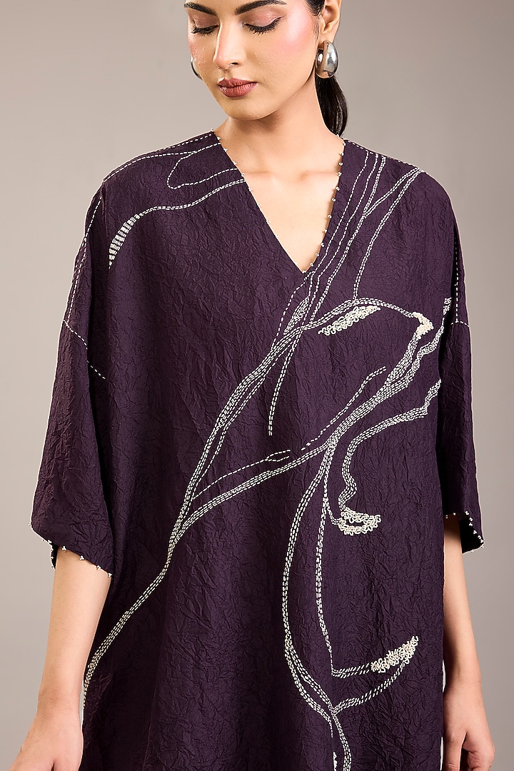 Purple Crushed Mulberry Silk Kantha Embroidered Tunic Set by Divyam Mehta at Pernia's Pop Up Shop
