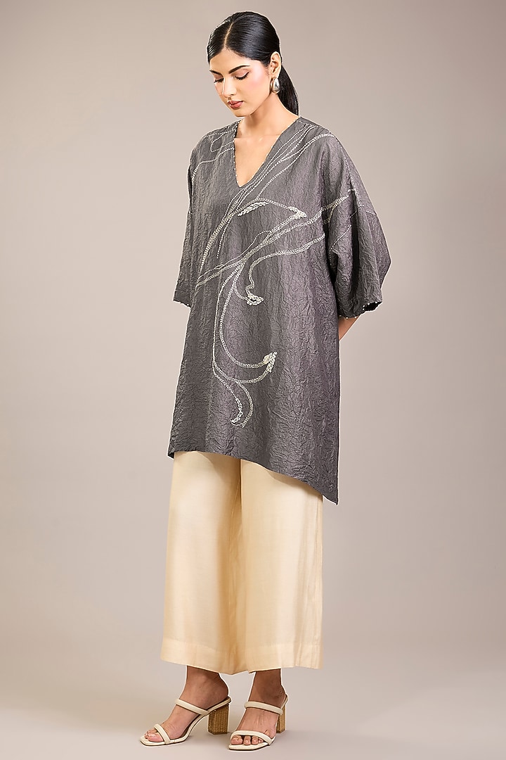 Grey Crushed Mulberry Silk Kantha Embroidered Tunic Set by Divyam Mehta at Pernia's Pop Up Shop