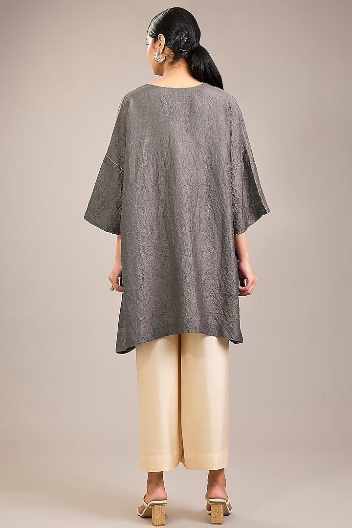 Grey Crushed Mulberry Silk Kantha Embroidered Tunic Set by Divyam Mehta at Pernia's Pop Up Shop