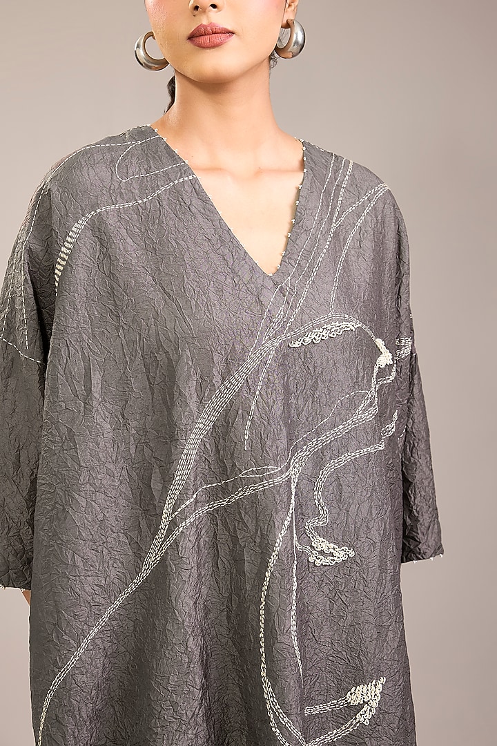 Grey Crushed Mulberry Silk Kantha Embroidered Tunic Set by Divyam Mehta at Pernia's Pop Up Shop