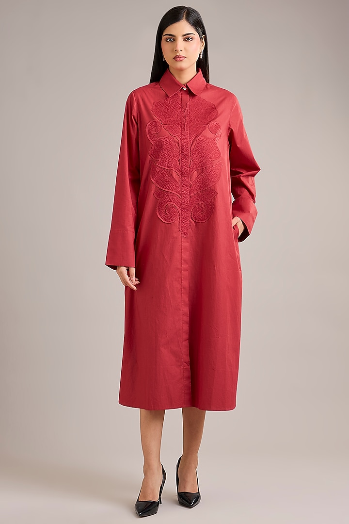 Valentine Red Cotton Floral Embroidered Shirt Vacation Dress by Divyam Mehta at Pernia's Pop Up Shop