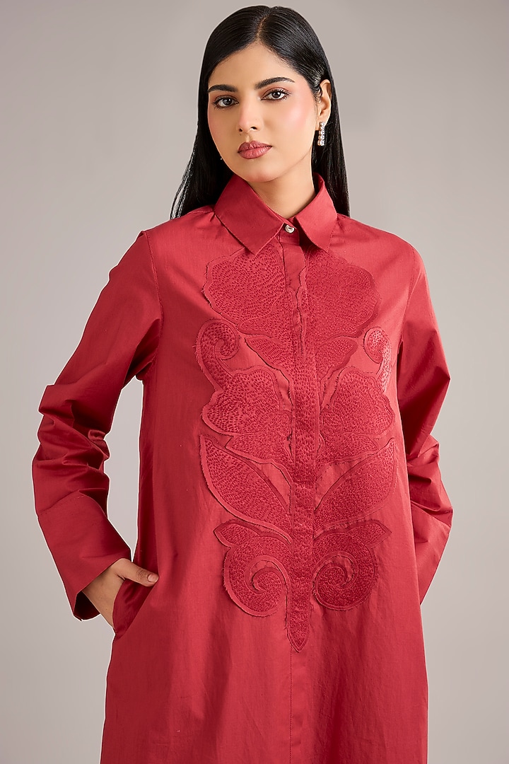 Valentine Red Cotton Floral Embroidered Shirt Vacation Dress by Divyam Mehta at Pernia's Pop Up Shop