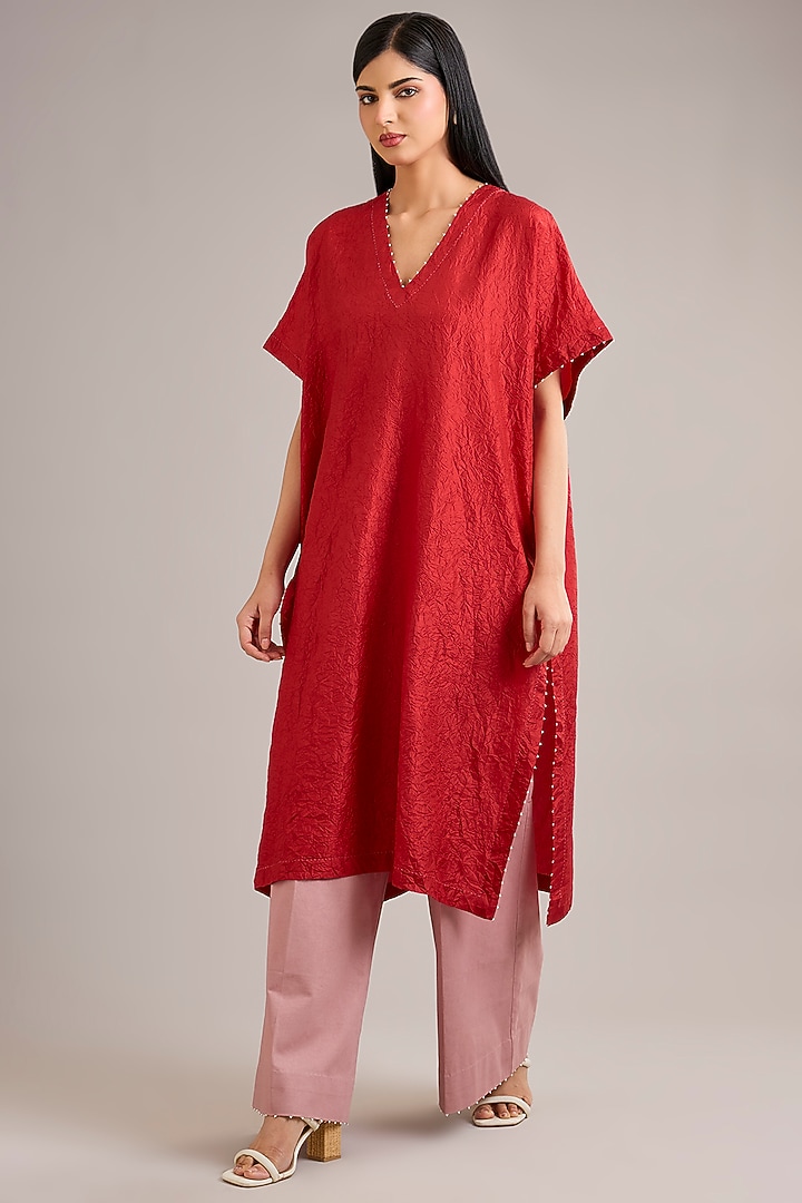 Valentine Red Crushed Mulberry Silk Bead Work Tunic Set by Divyam Mehta at Pernia's Pop Up Shop