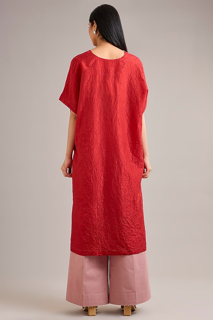 Valentine Red Crushed Mulberry Silk Bead Work Tunic Set by Divyam Mehta at Pernia's Pop Up Shop