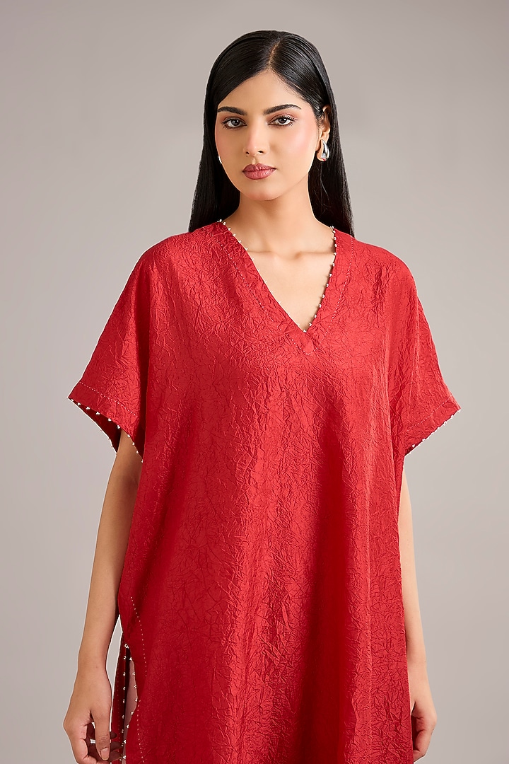 Valentine Red Crushed Mulberry Silk Bead Work Tunic Set by Divyam Mehta at Pernia's Pop Up Shop