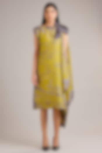 Green Mulberry Silk Shibori Printed Asymmetric Vacation Dress by Divyam Mehta at Pernia's Pop Up Shop