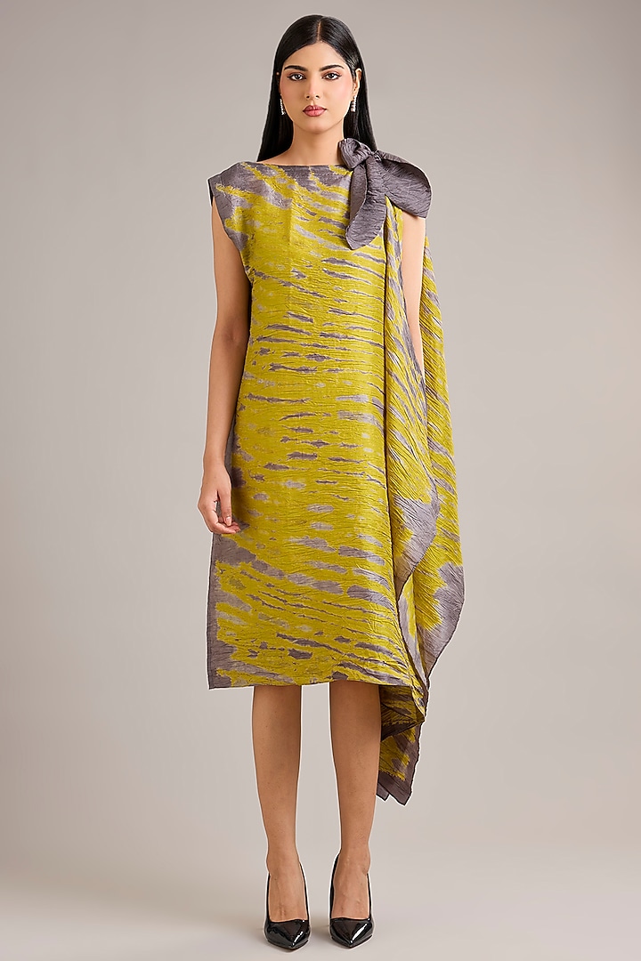 Green Mulberry Silk Shibori Printed Asymmetric Vacation Dress by Divyam Mehta at Pernia's Pop Up Shop