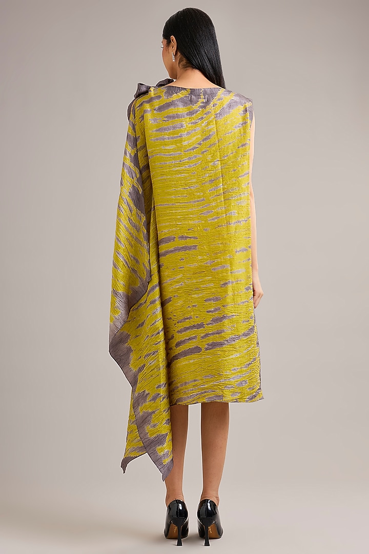 Green Mulberry Silk Shibori Printed Asymmetric Vacation Dress by Divyam Mehta at Pernia's Pop Up Shop