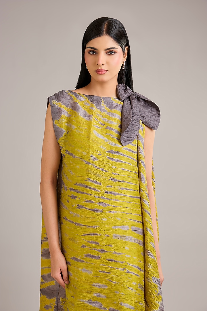 Green Mulberry Silk Shibori Printed Asymmetric Vacation Dress by Divyam Mehta at Pernia's Pop Up Shop