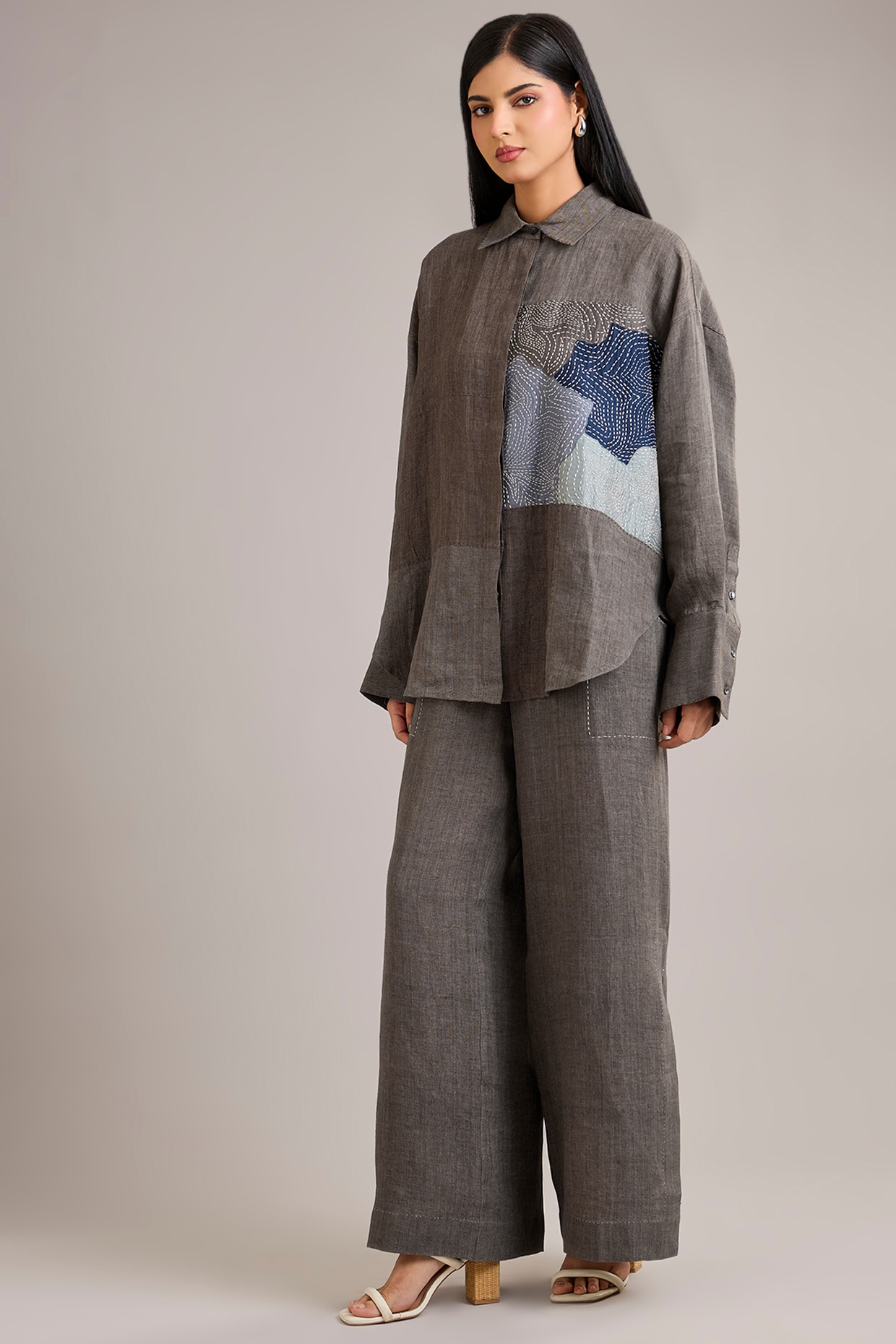 Divyam Mehta Grey Linen Applique Work Co-Ord Set