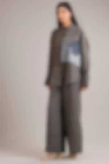 Grey Linen Applique Work Co-Ord Set by Divyam Mehta at Pernia's Pop Up Shop