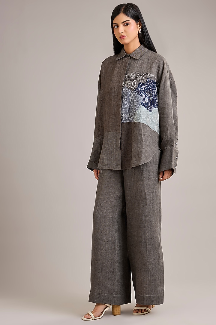 Grey Linen Applique Work Co-Ord Set by Divyam Mehta at Pernia's Pop Up Shop