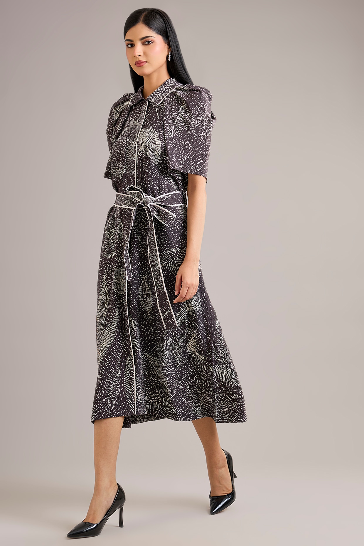 Divyam Mehta Grey Crepe Floral Printed Draped Dress