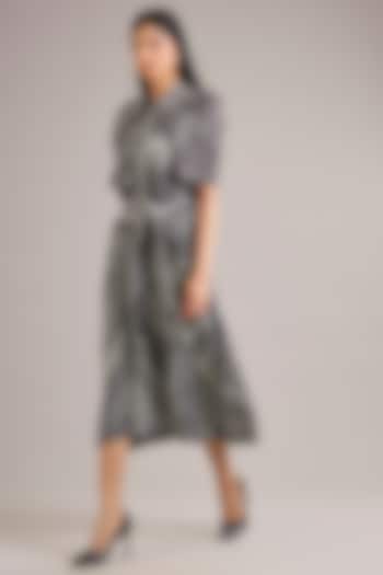 Grey Crepe Floral Printed Draped Vacation Dress by Divyam Mehta at Pernia's Pop Up Shop