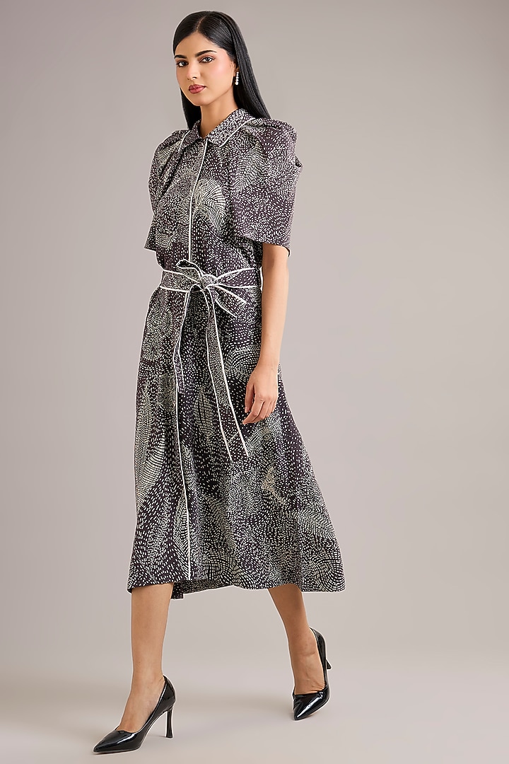Grey Crepe Floral Printed Draped Vacation Dress by Divyam Mehta at Pernia's Pop Up Shop