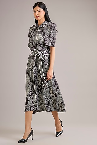 Grey Crepe Floral Printed Draped Dress by Divyam Mehta