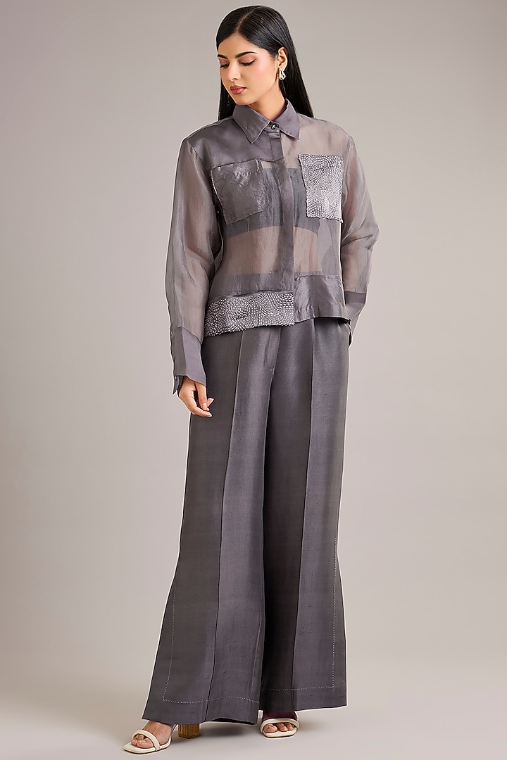 Grey Dupion Satin Wide-Leg Pant Set by Divyam Mehta at Pernia's Pop Up Shop