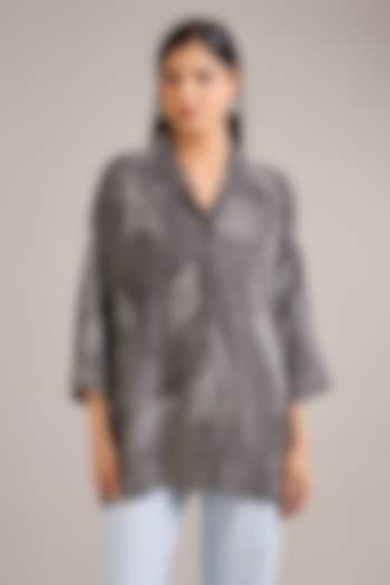 Grey Vegan Silk Floral Kantha Printed Oversized Shirt by Divyam Mehta at Pernia's Pop Up Shop