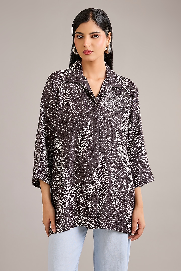 Grey Vegan Silk Floral Kantha Printed Oversized Shirt by Divyam Mehta at Pernia's Pop Up Shop