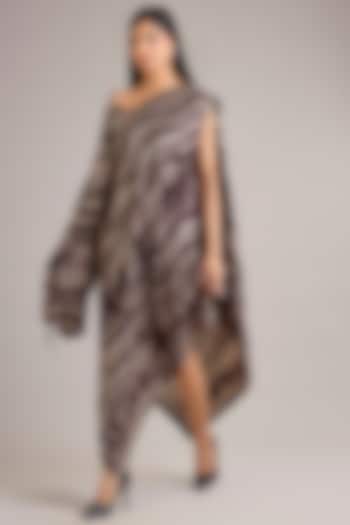 Chocolate Brown Dupion Silk Shibori Printed Draped Cocktail Dress by Divyam Mehta at Pernia's Pop Up Shop