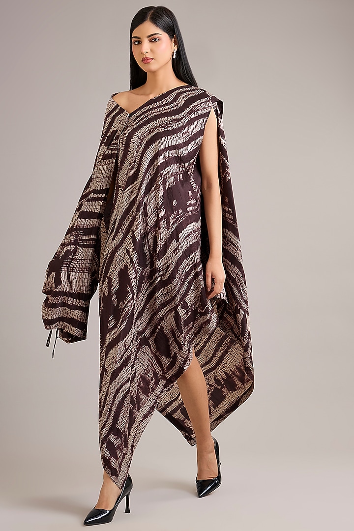 Chocolate Brown Dupion Silk Shibori Printed Draped Cocktail Dress by Divyam Mehta at Pernia's Pop Up Shop