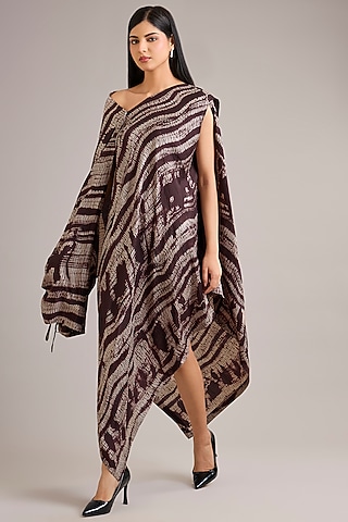 Chocolate Brown Dupion Silk Shibori Printed Draped Dress by Divyam Mehta