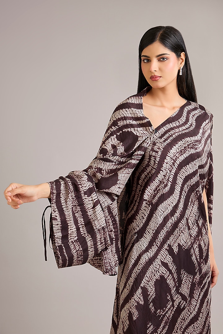 Chocolate Brown Dupion Silk Shibori Printed Draped Cocktail Dress by Divyam Mehta at Pernia's Pop Up Shop