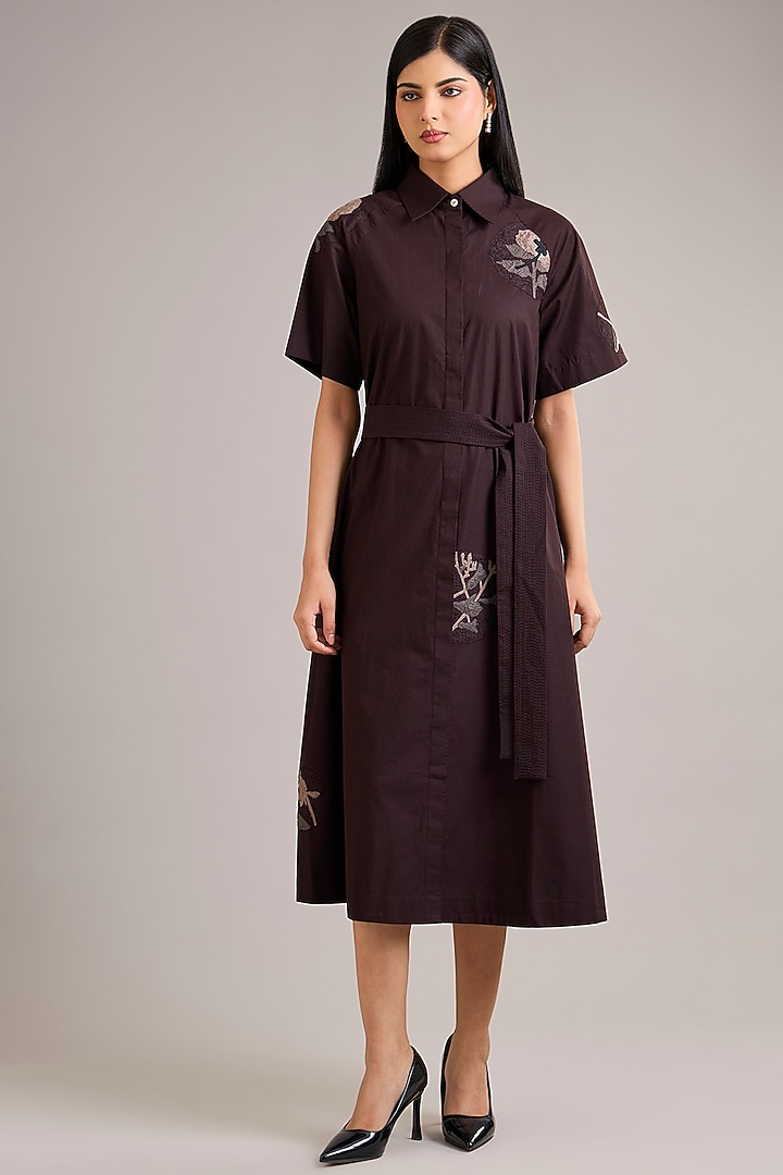 Chocolate Brown Cotton Poplin Color-Blocked Vacation Dress by Divyam Mehta at Pernia's Pop Up Shop