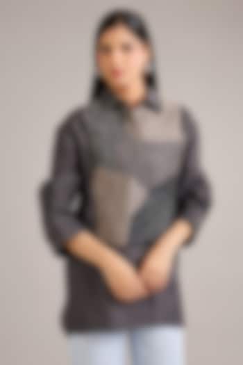 Grey Linen Color-Blocked Shirt by Divyam Mehta at Pernia's Pop Up Shop