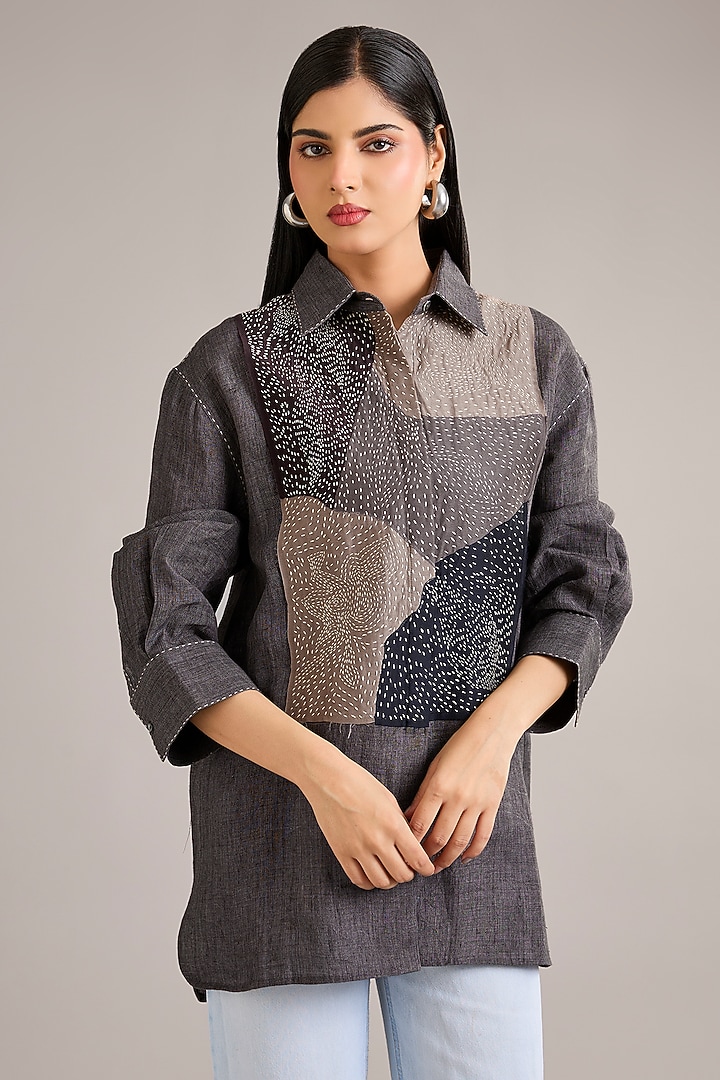 Grey Linen Color-Blocked Shirt by Divyam Mehta at Pernia's Pop Up Shop
