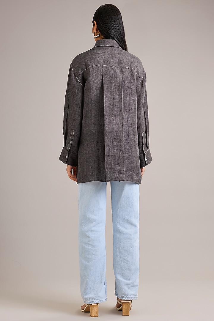Grey Linen Color-Blocked Shirt by Divyam Mehta at Pernia's Pop Up Shop